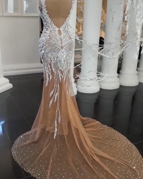 Glamorous Crystals Mermaid Wedding Dresses | Sexy V-Neck Open Back Champagne Bridal Gowns-newarrivaldress