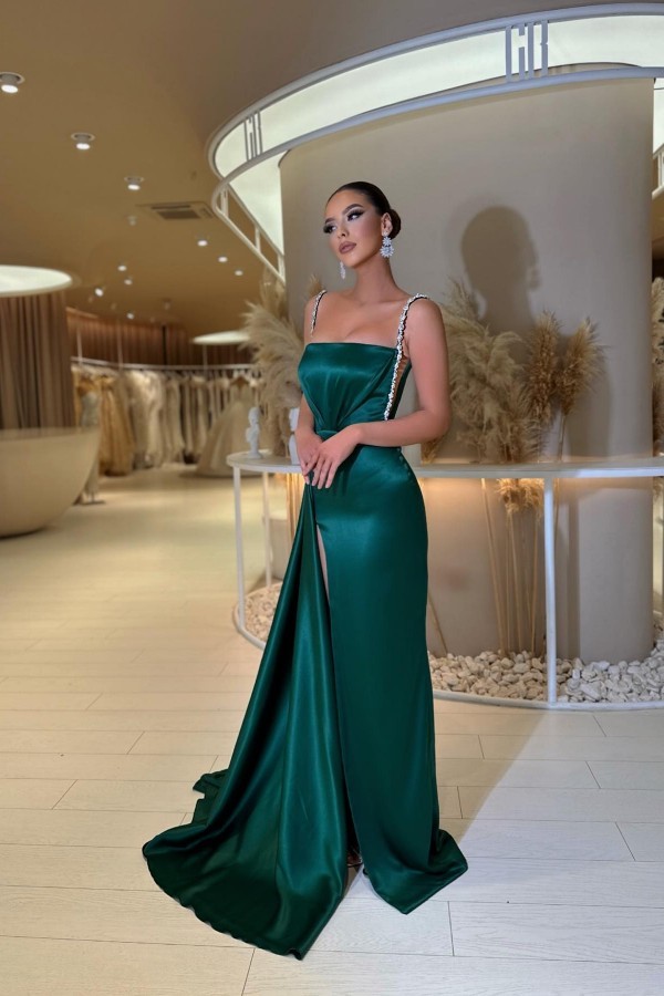 Amazing Satin Side Slit Long Prom Dress Glitter Spaghetti Straps Evening Party Dress-newarrivaldress
