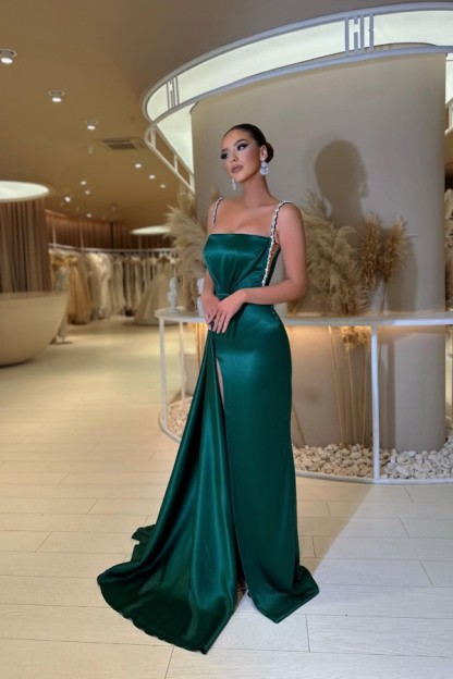 Amazing Satin Side Slit Long Prom Dress Glitter Spaghetti Straps Evening Party Dress-newarrivaldress
