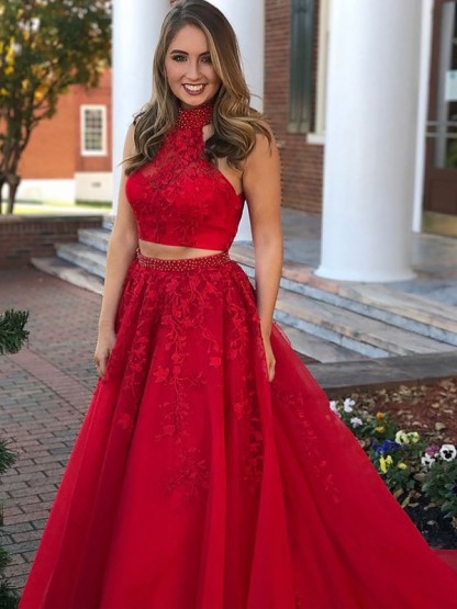 Delicate High Neck Red Tow Piece Evening Dress | A-line Evening Gown-newarrivaldress
