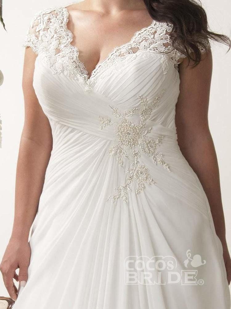 Plus Size Cap Sleeves Chiffon Lace Appliques Garden Aline Wedding Dress-newarrivaldress