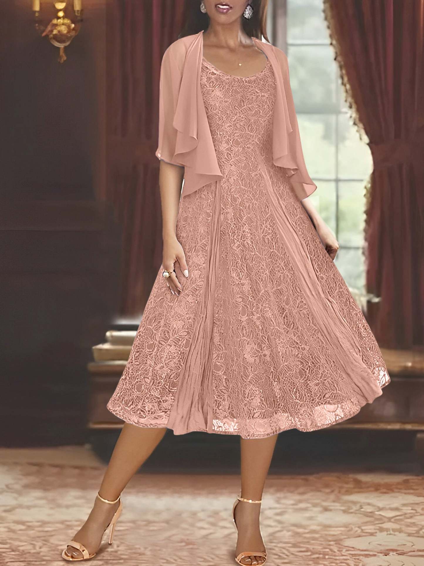 Princess A-Line Tea-Length Mother of the Bride Dress with Scoop Neck Half Sleeves Appliques and Jacket