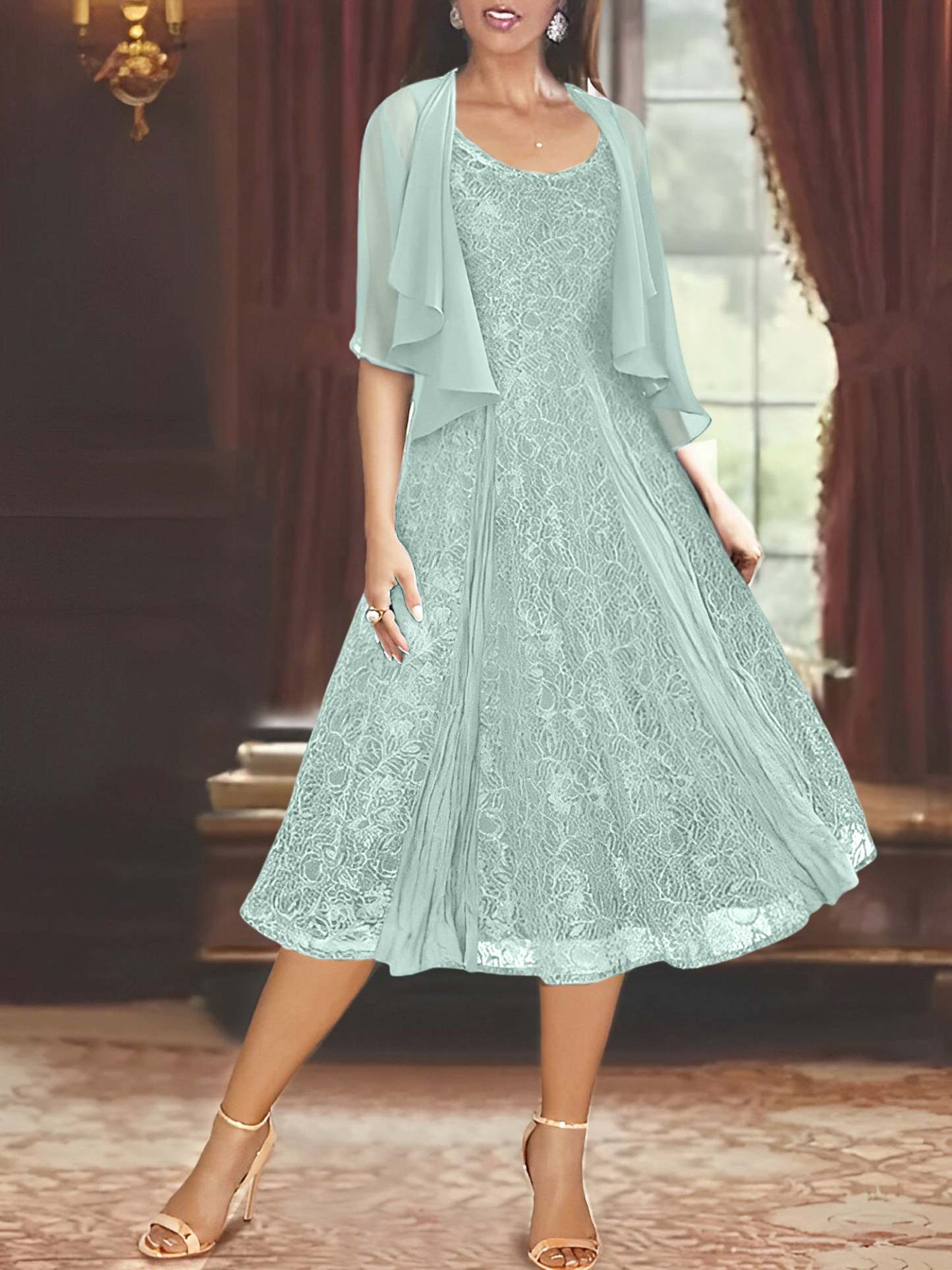 Princess A-Line Tea-Length Mother of the Bride Dress with Scoop Neck Half Sleeves Appliques and Jacket