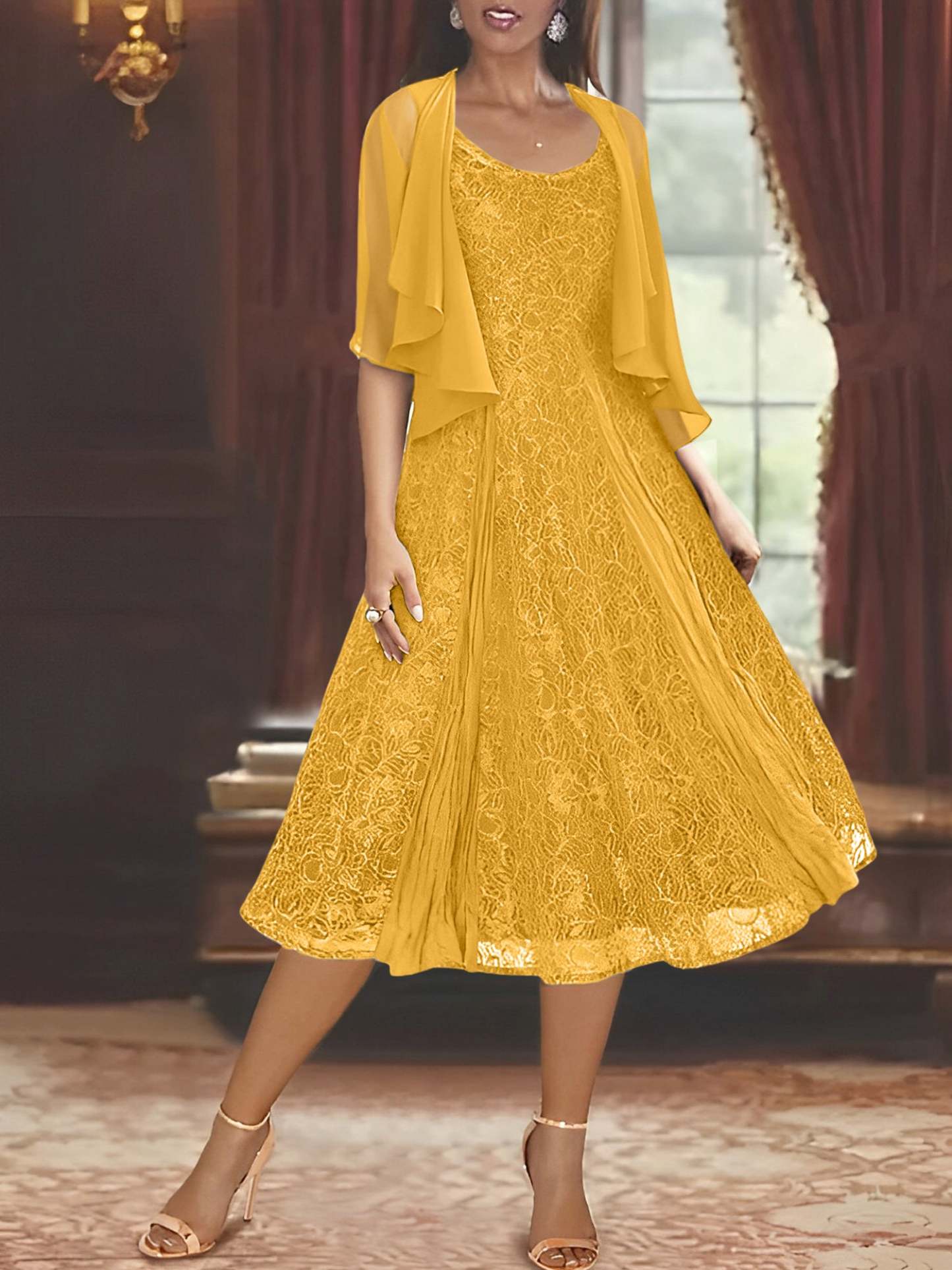 Princess A-Line Tea-Length Mother of the Bride Dress with Scoop Neck Half Sleeves Appliques and Jacket