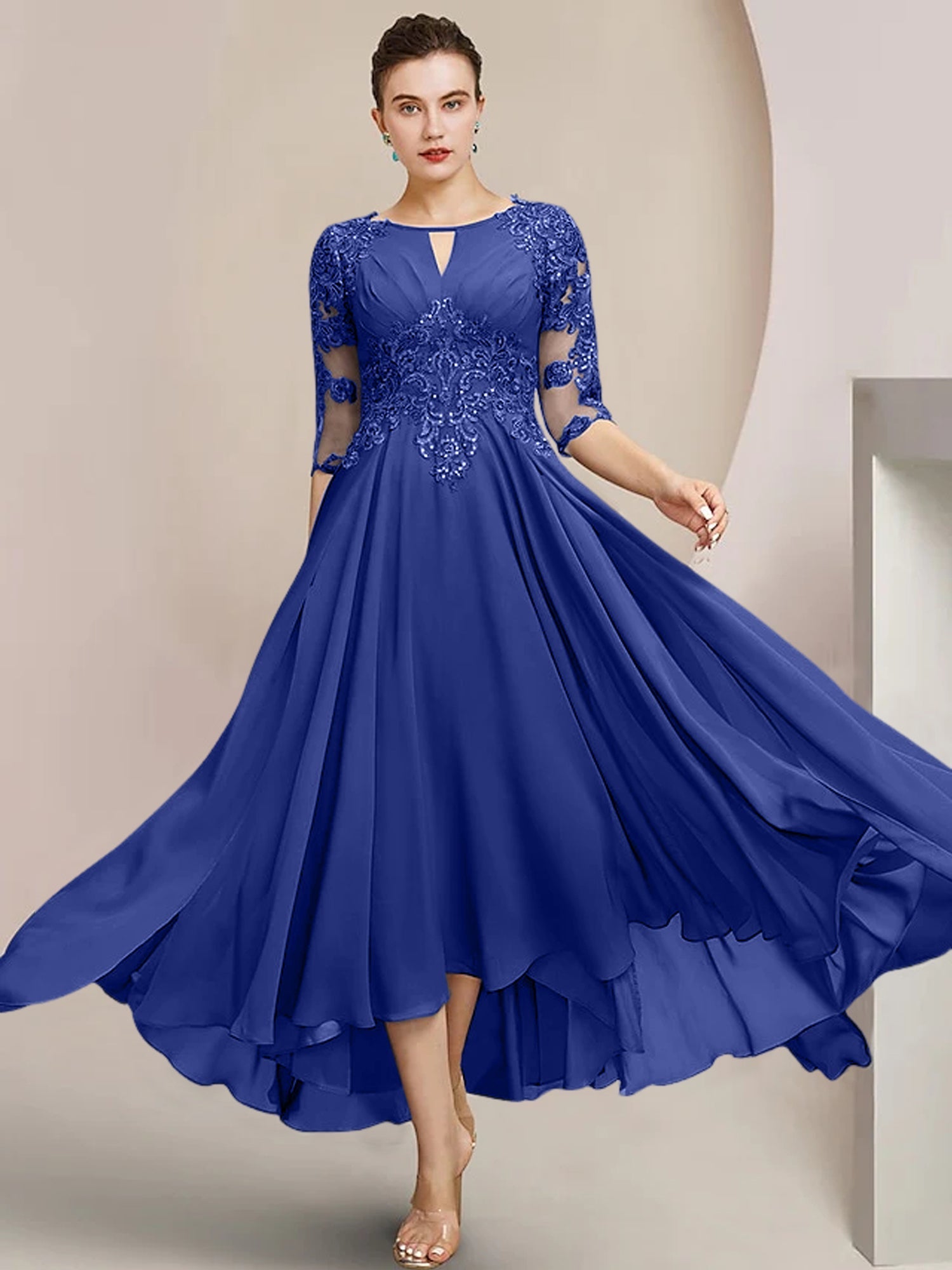 Scoop Neck Tea-Length A-Line Mother of the Bride Princess Dress