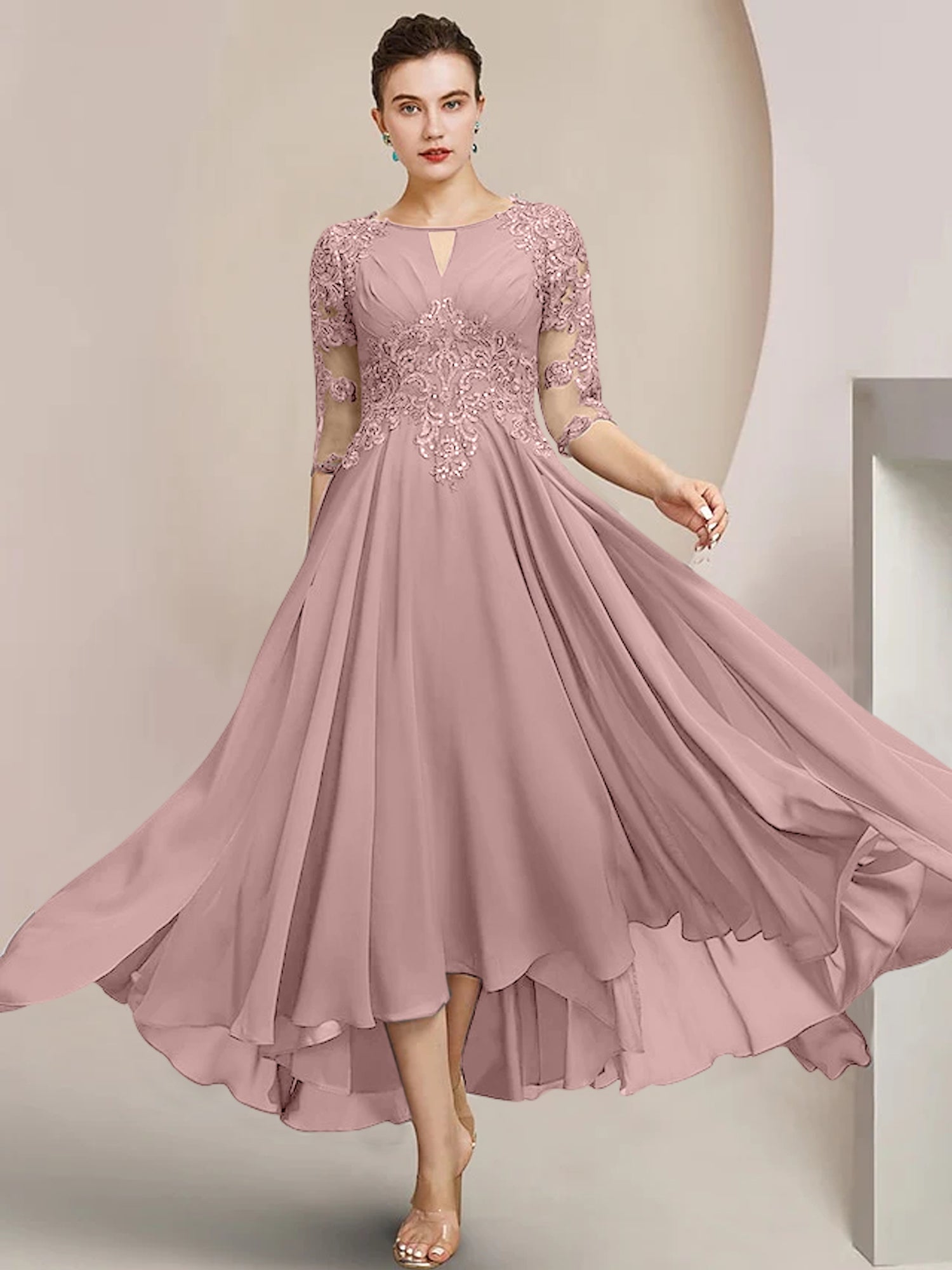 Scoop Neck Tea-Length A-Line Mother of the Bride Princess Dress
