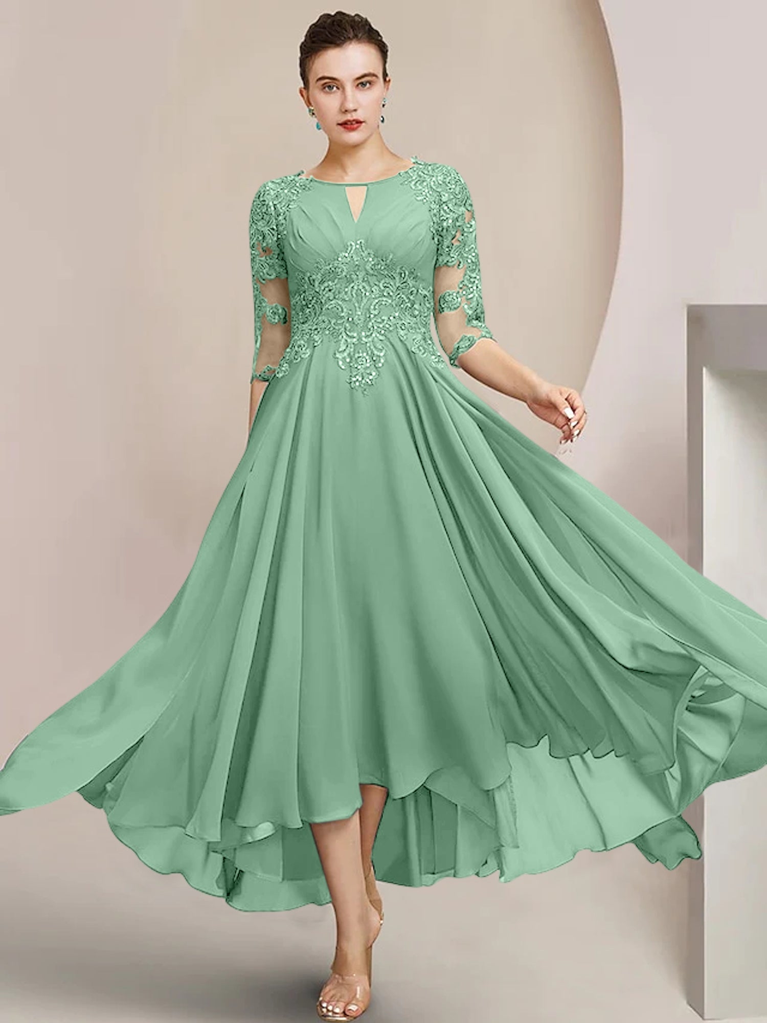 Scoop Neck Tea-Length A-Line Mother of the Bride Princess Dress