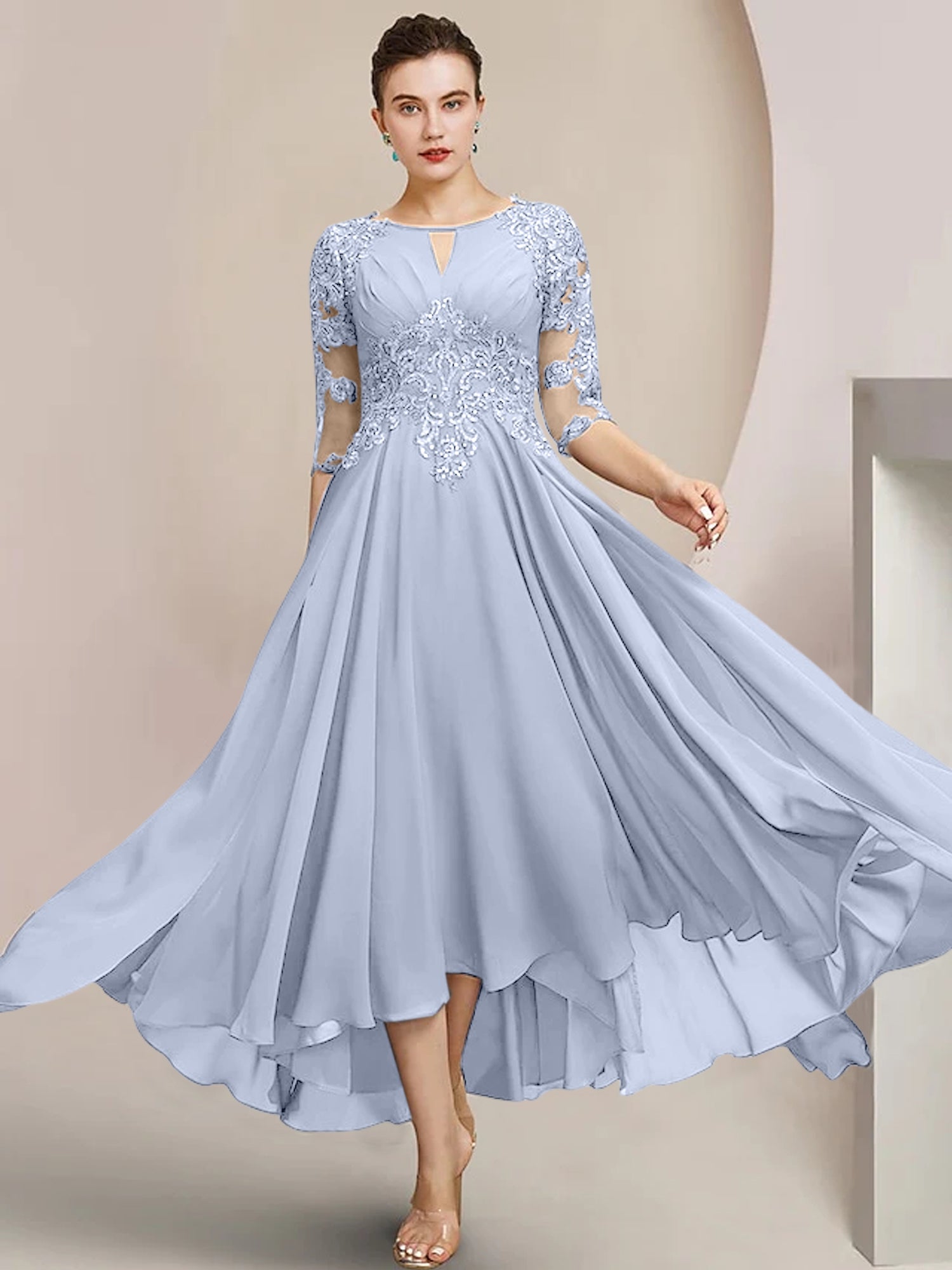 Scoop Neck Tea-Length A-Line Mother of the Bride Princess Dress