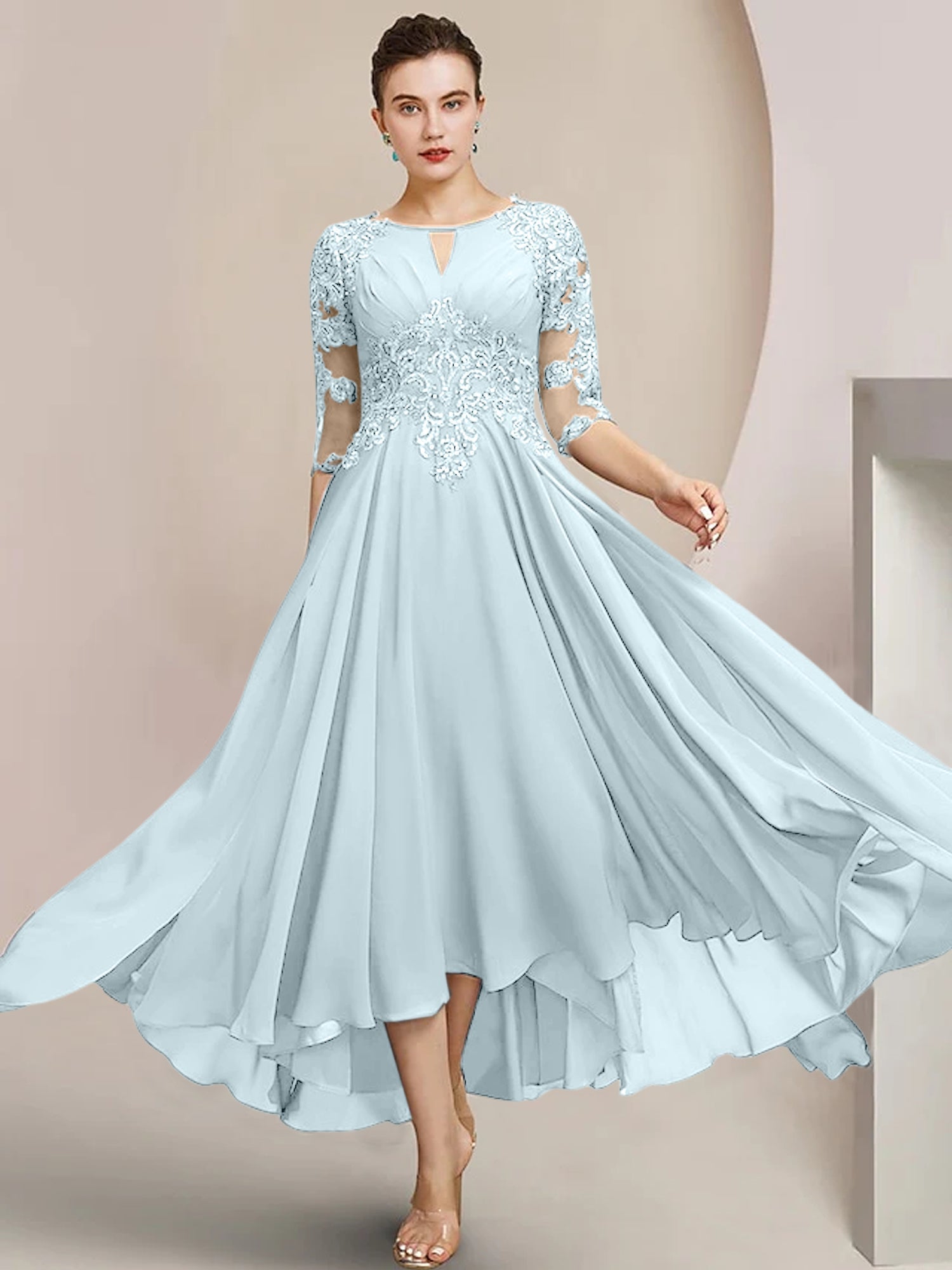 Scoop Neck Tea-Length A-Line Mother of the Bride Princess Dress