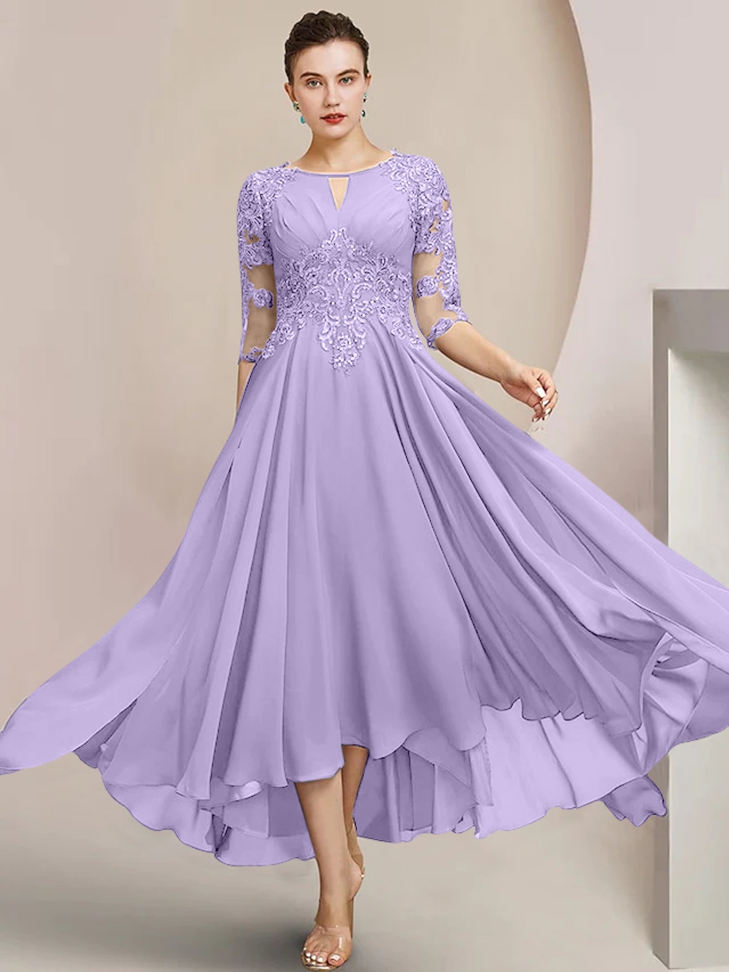 Scoop Neck Tea-Length A-Line Mother of the Bride Princess Dress