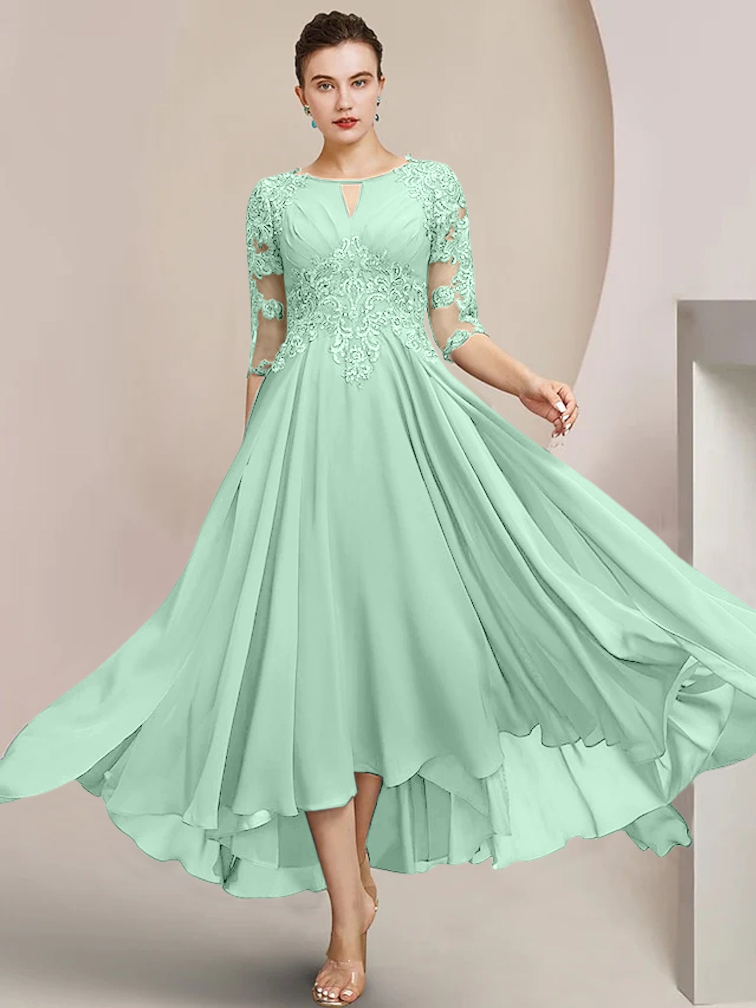 Scoop Neck Tea-Length A-Line Mother of the Bride Princess Dress