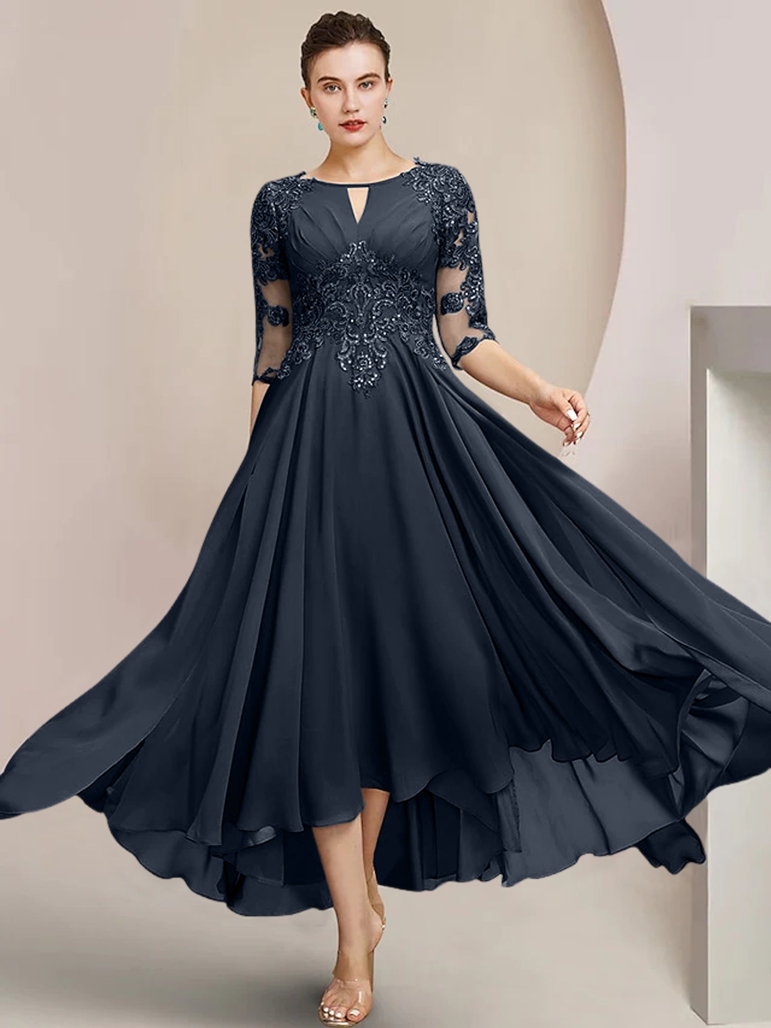 Scoop Neck Tea-Length A-Line Mother of the Bride Princess Dress