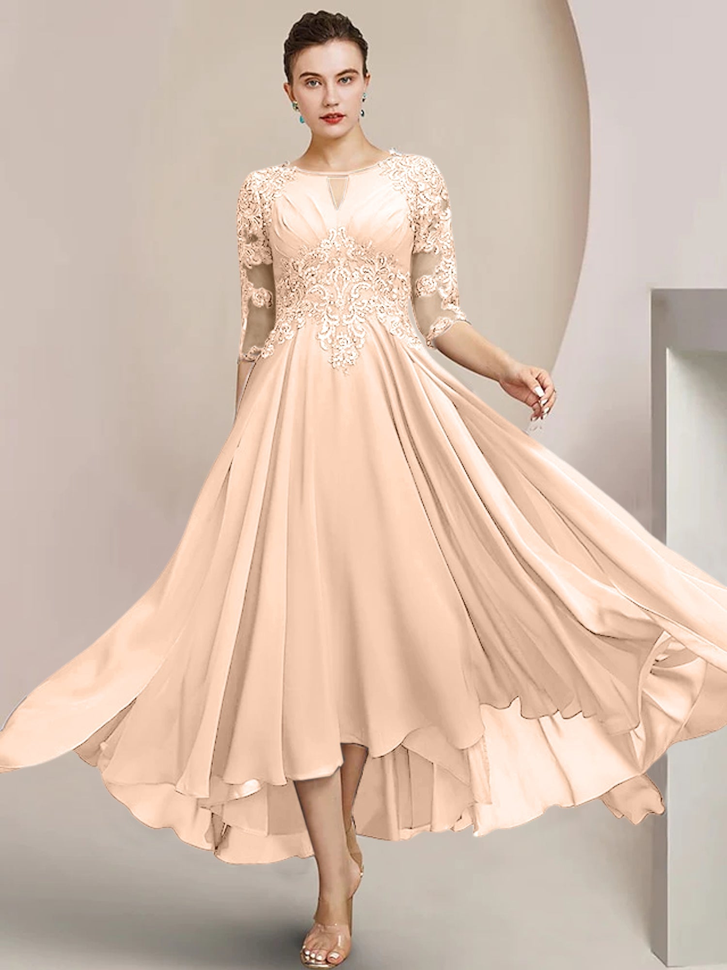 Scoop Neck Tea-Length A-Line Mother of the Bride Princess Dress