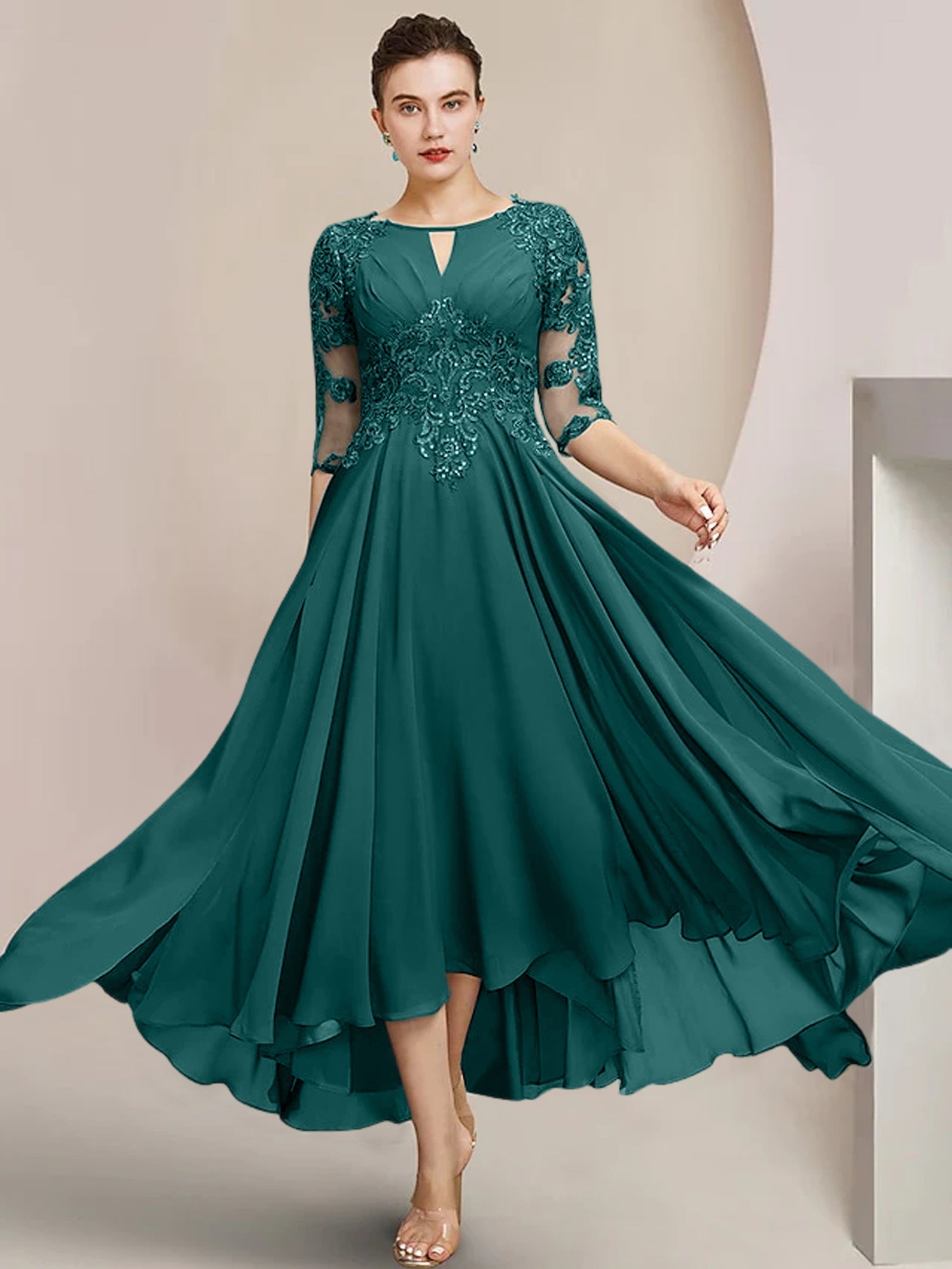 Scoop Neck Tea-Length A-Line Mother of the Bride Princess Dress