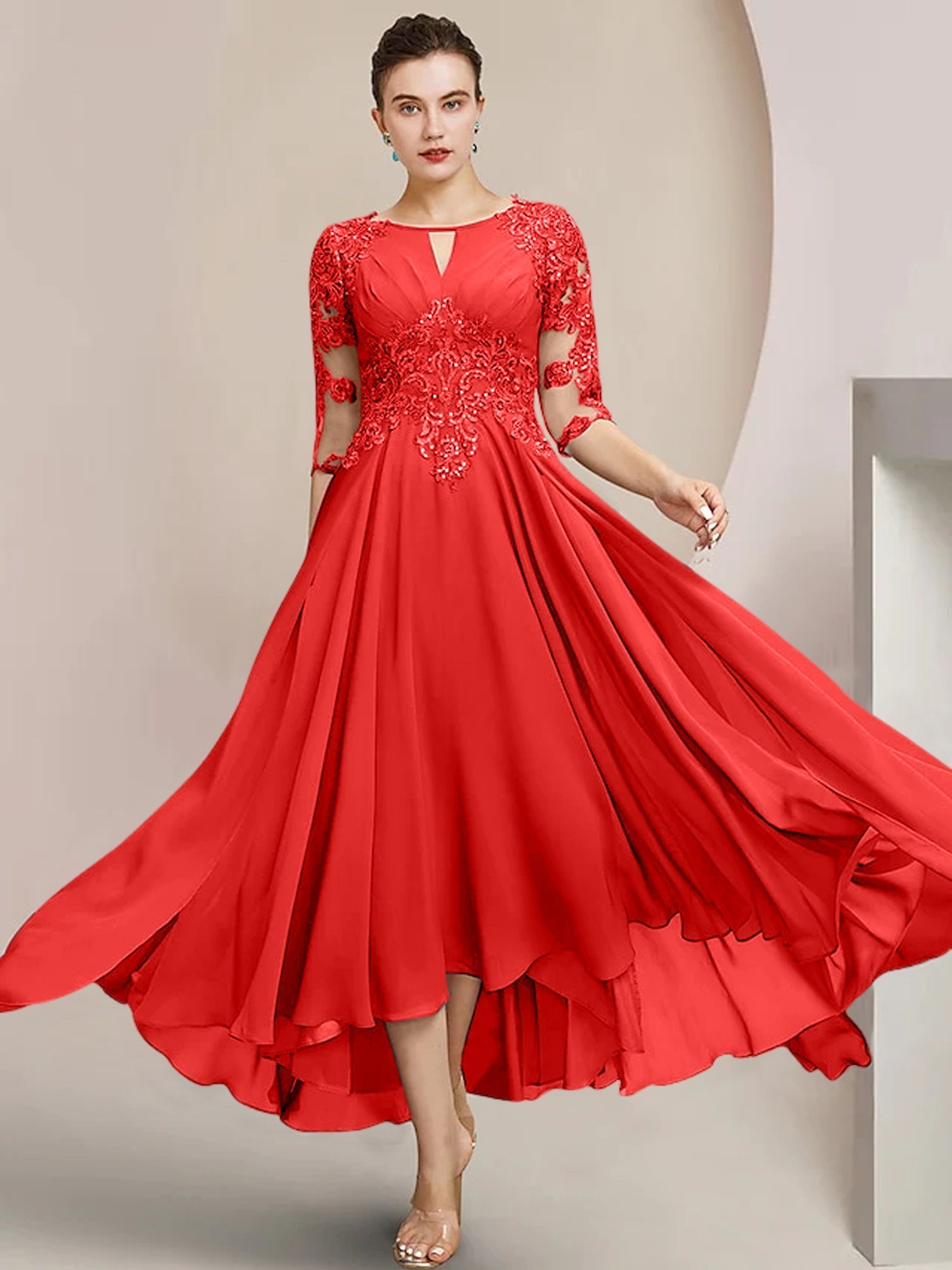 Scoop Neck Tea-Length A-Line Mother of the Bride Princess Dress