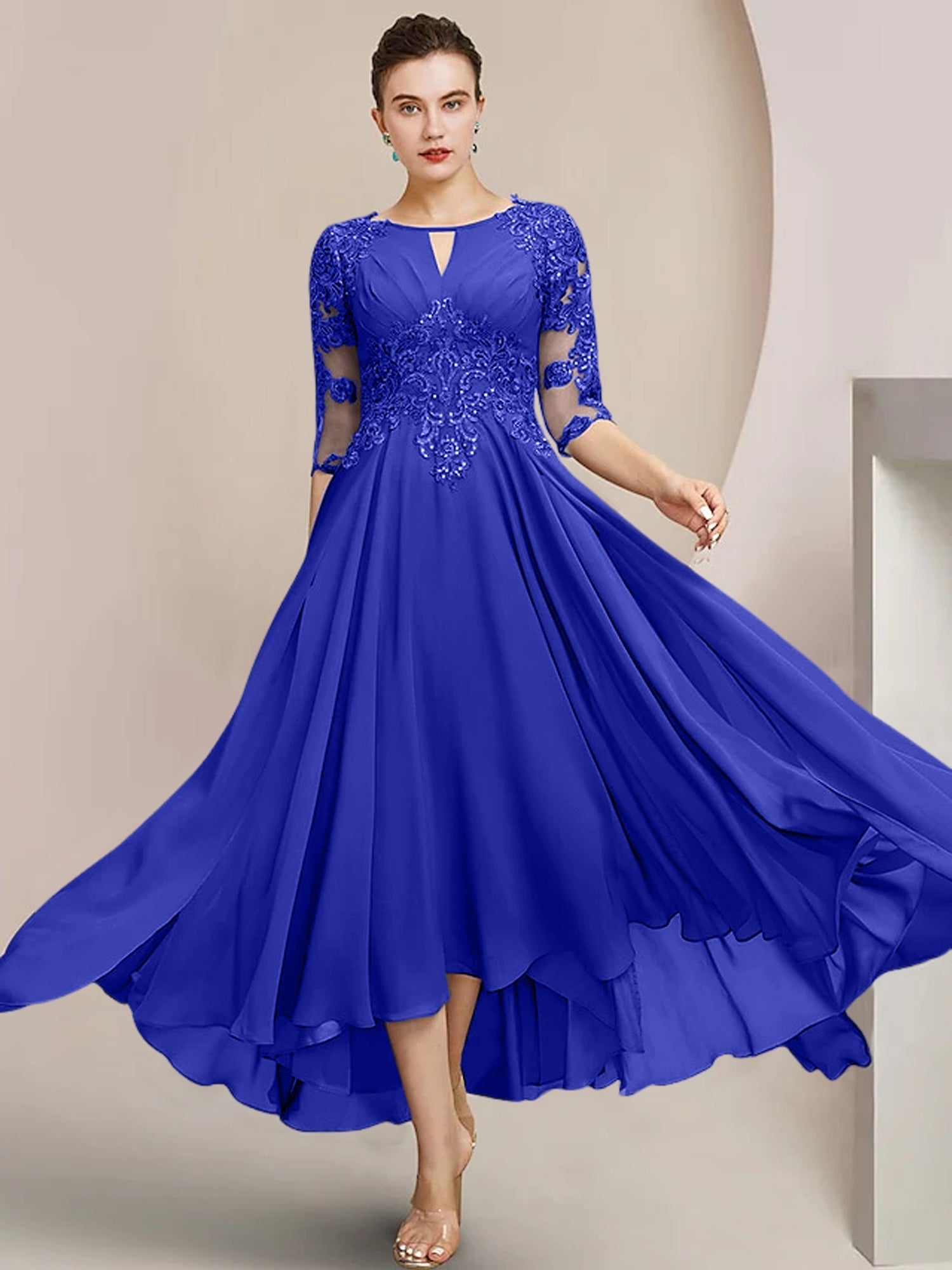 Scoop Neck Tea-Length A-Line Mother of the Bride Princess Dress