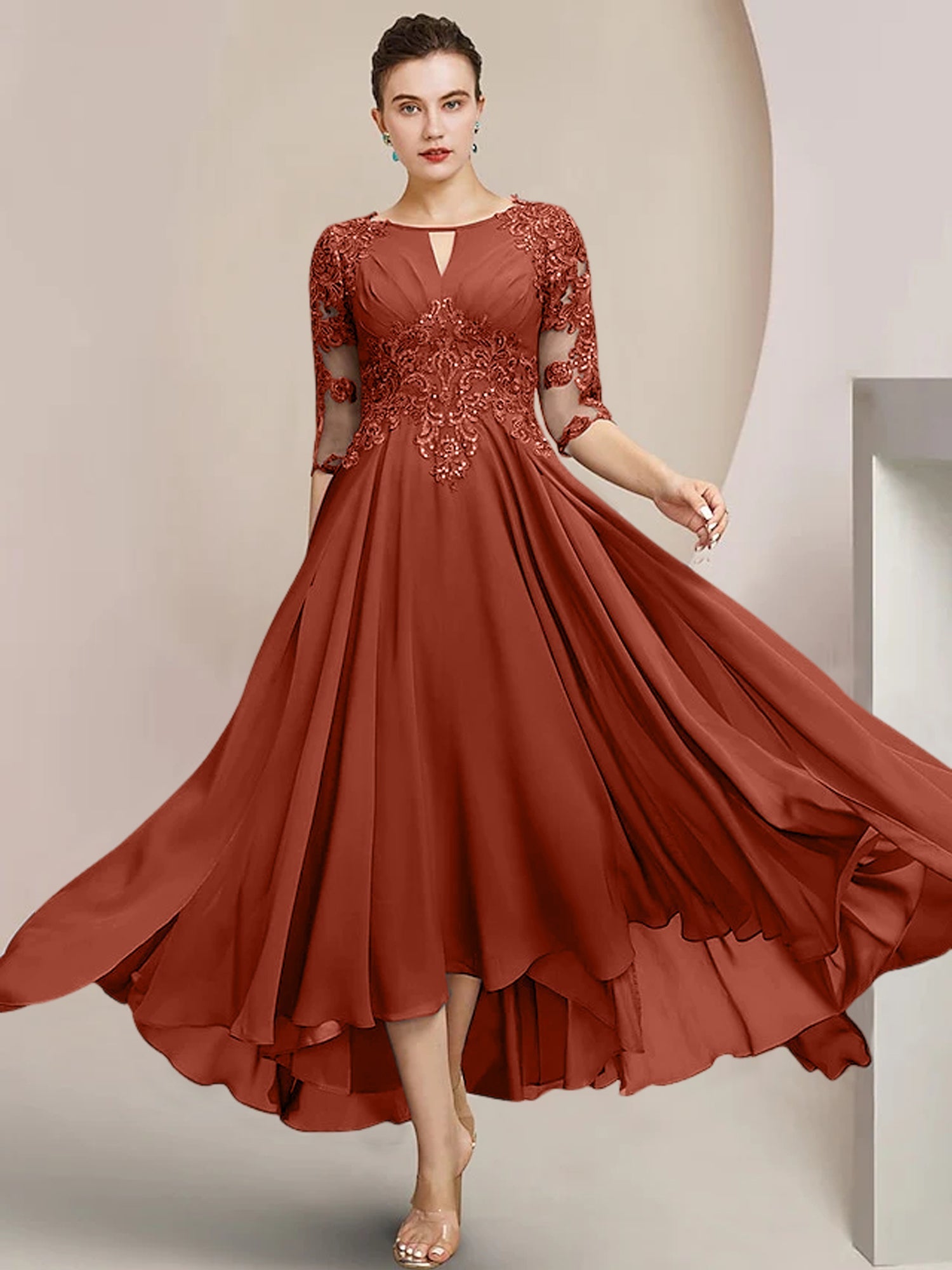 Scoop Neck Tea-Length A-Line Mother of the Bride Princess Dress