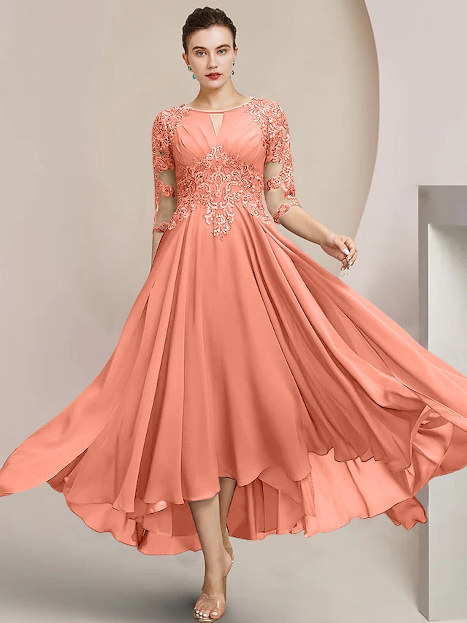 Scoop Neck Tea-Length A-Line Mother of the Bride Princess Dress