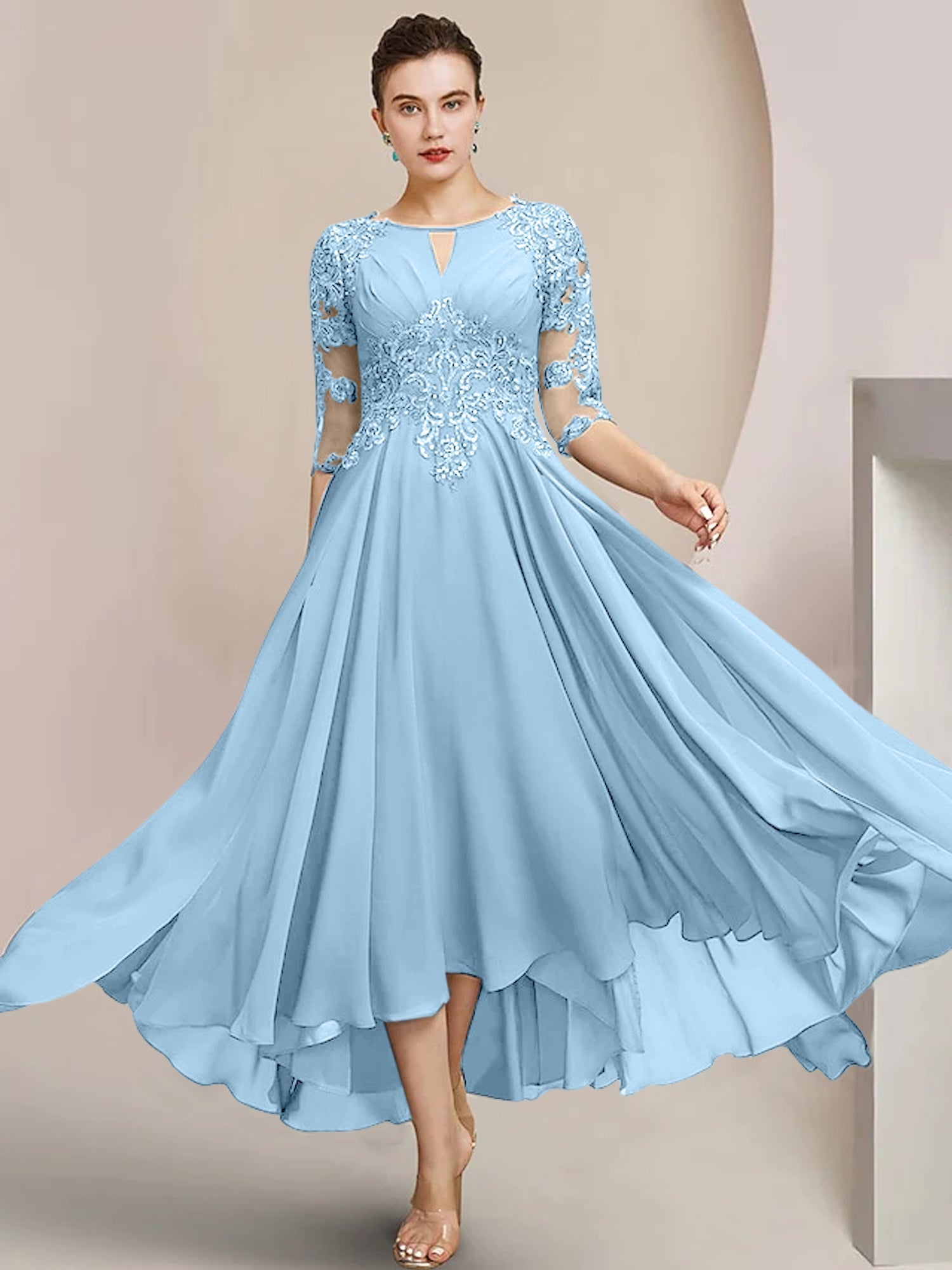 Scoop Neck Tea-Length A-Line Mother of the Bride Princess Dress