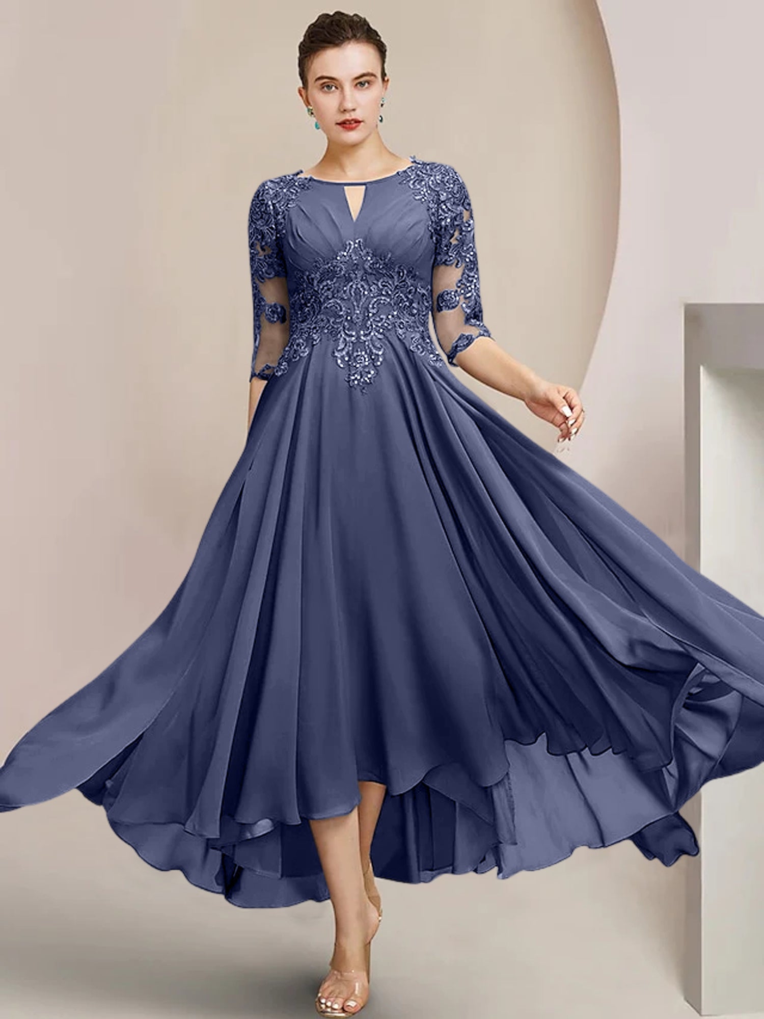 Scoop Neck Tea-Length A-Line Mother of the Bride Princess Dress