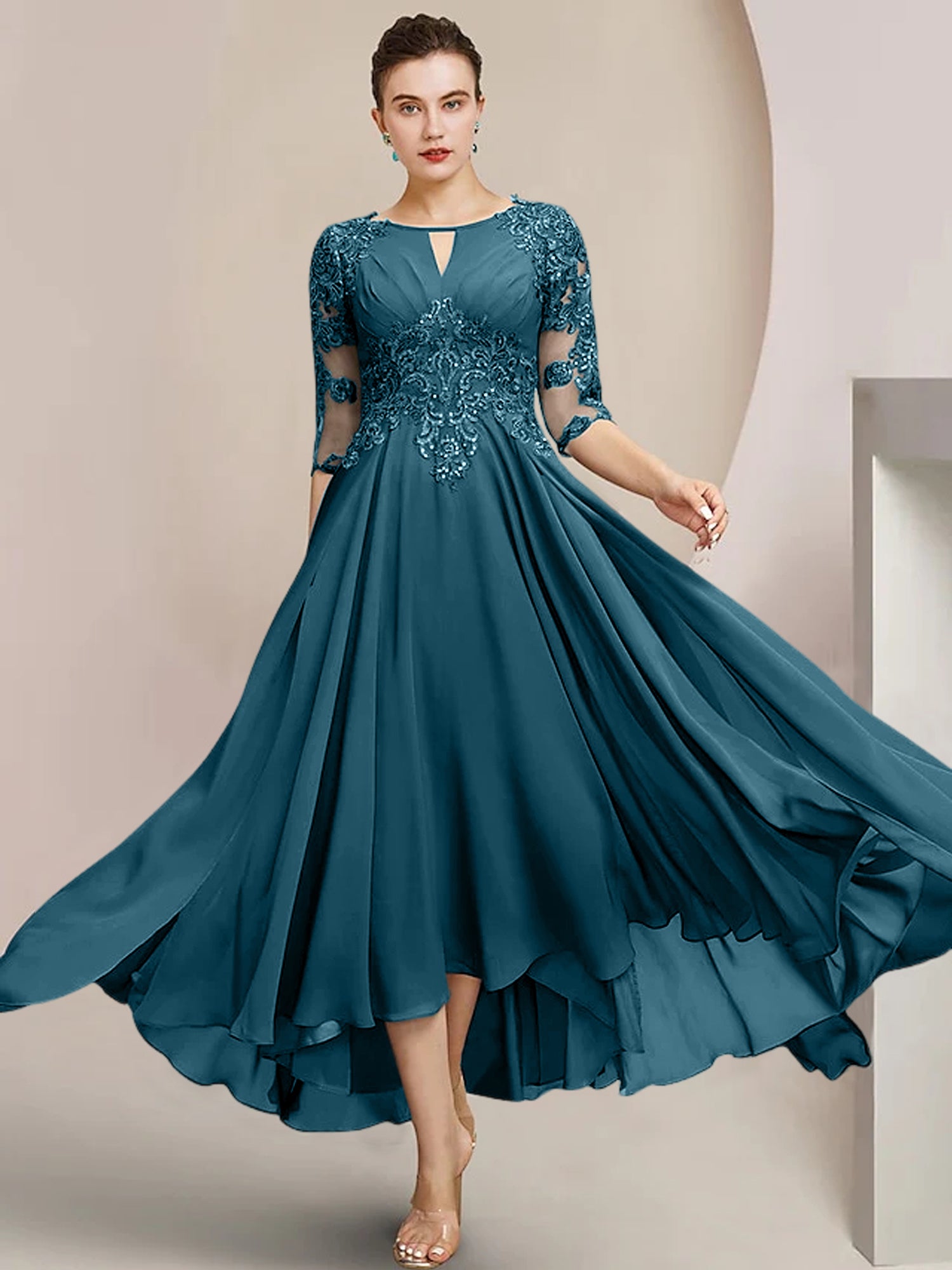 Scoop Neck Tea-Length A-Line Mother of the Bride Princess Dress
