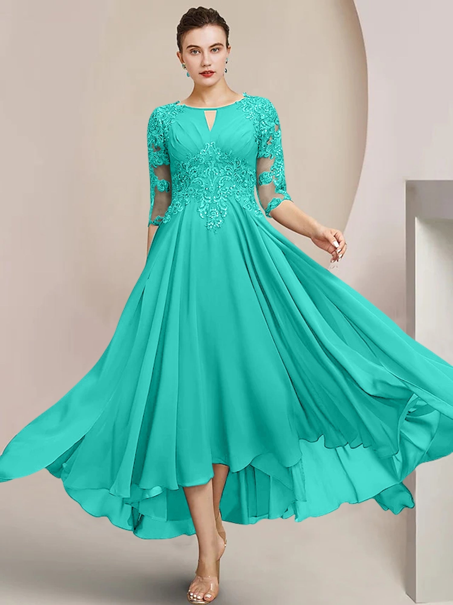 Scoop Neck Tea-Length A-Line Mother of the Bride Princess Dress