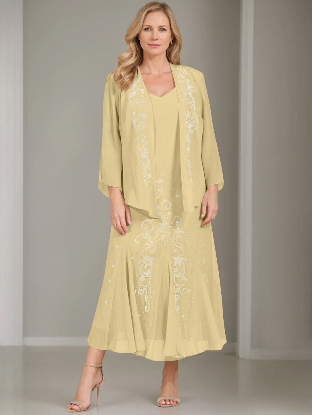 V-Neck A-Line Princess Two-Piece Plus Size Mother of the Bride Dress with Jacket and Sequins in Tea-Length