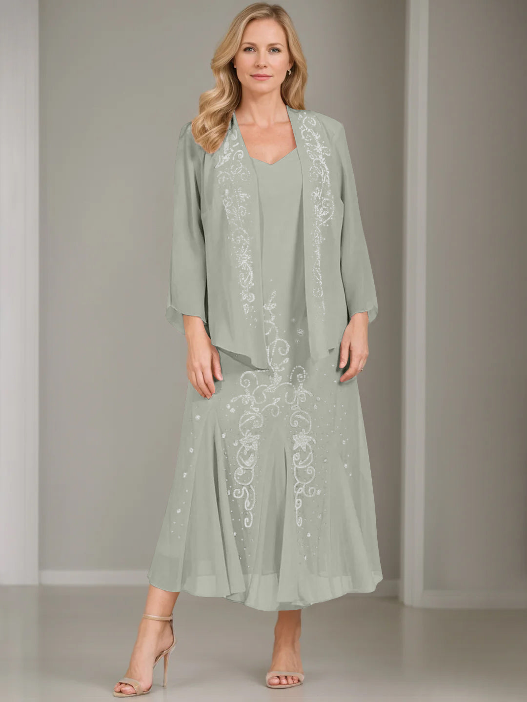 V-Neck A-Line Princess Two-Piece Plus Size Mother of the Bride Dress with Jacket and Sequins in Tea-Length