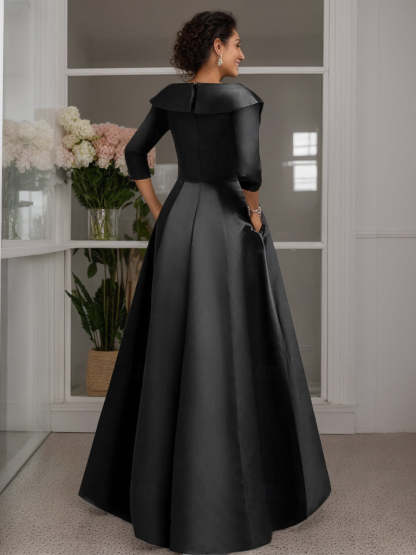 V-Neck A-Line Princess Floor-Length Mother of the Bride Dress with 3/4 Sleeves Appliques and Beading