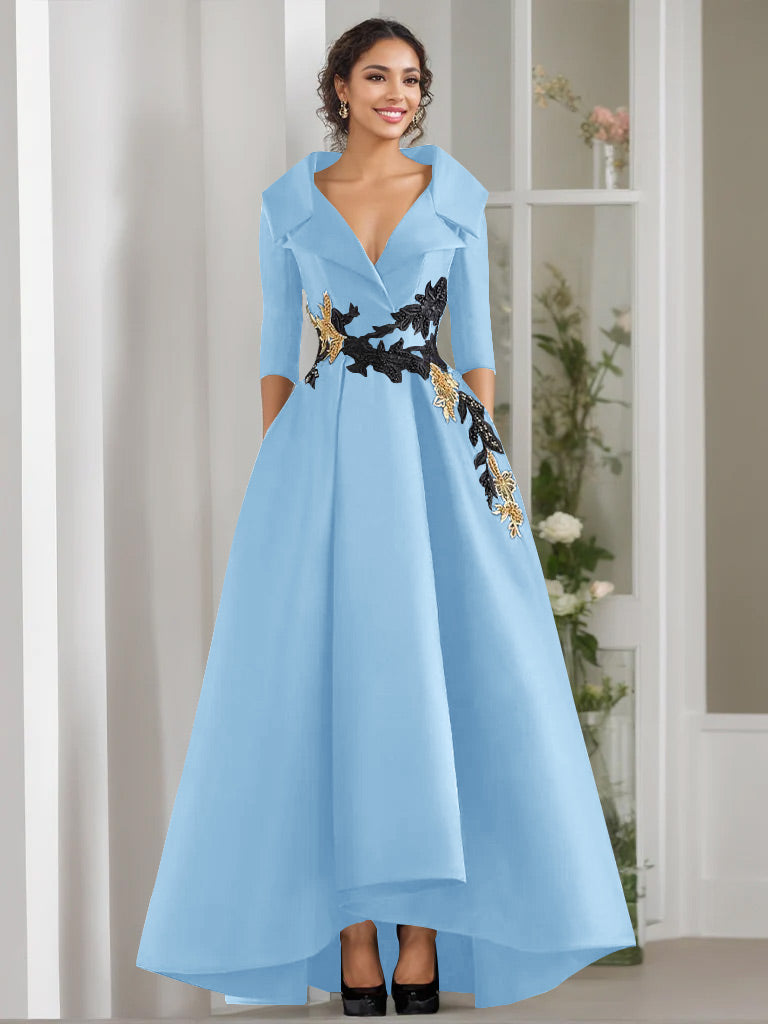 V-Neck A-Line Princess Floor-Length Mother of the Bride Dress with 3/4 Sleeves Appliques and Beading