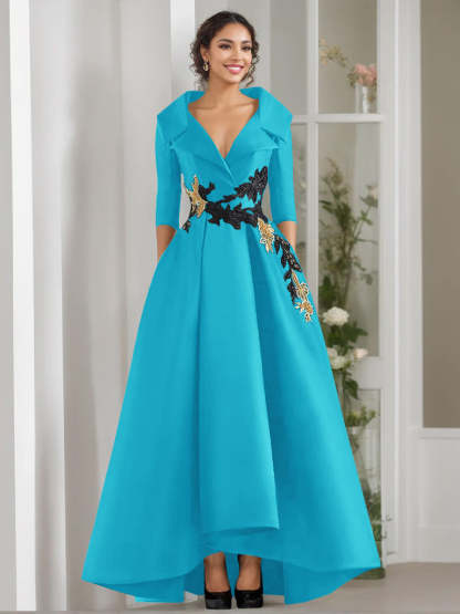 V-Neck A-Line Princess Floor-Length Mother of the Bride Dress with 3/4 Sleeves Appliques and Beading