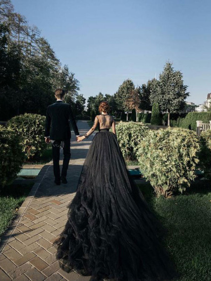 Black Wedding Dresses Tulle A-Line V-Neck Long Sleeves Backless Natural Waist Lace Royal Train Bridal Gown-newarrivaldress