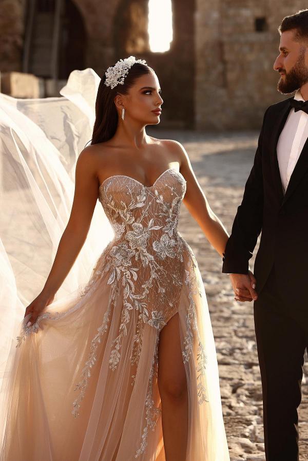 Sweetheart Strapless Side Split Tulle Wedding Dress with Floral Lace Pattern-newarrivaldress