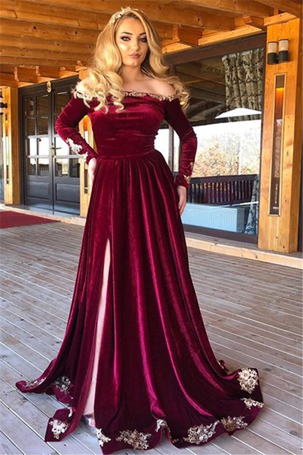 Burgundy Off-The-Shoulder Velvet Long Sleeves Evening Dresses-newarrivaldress