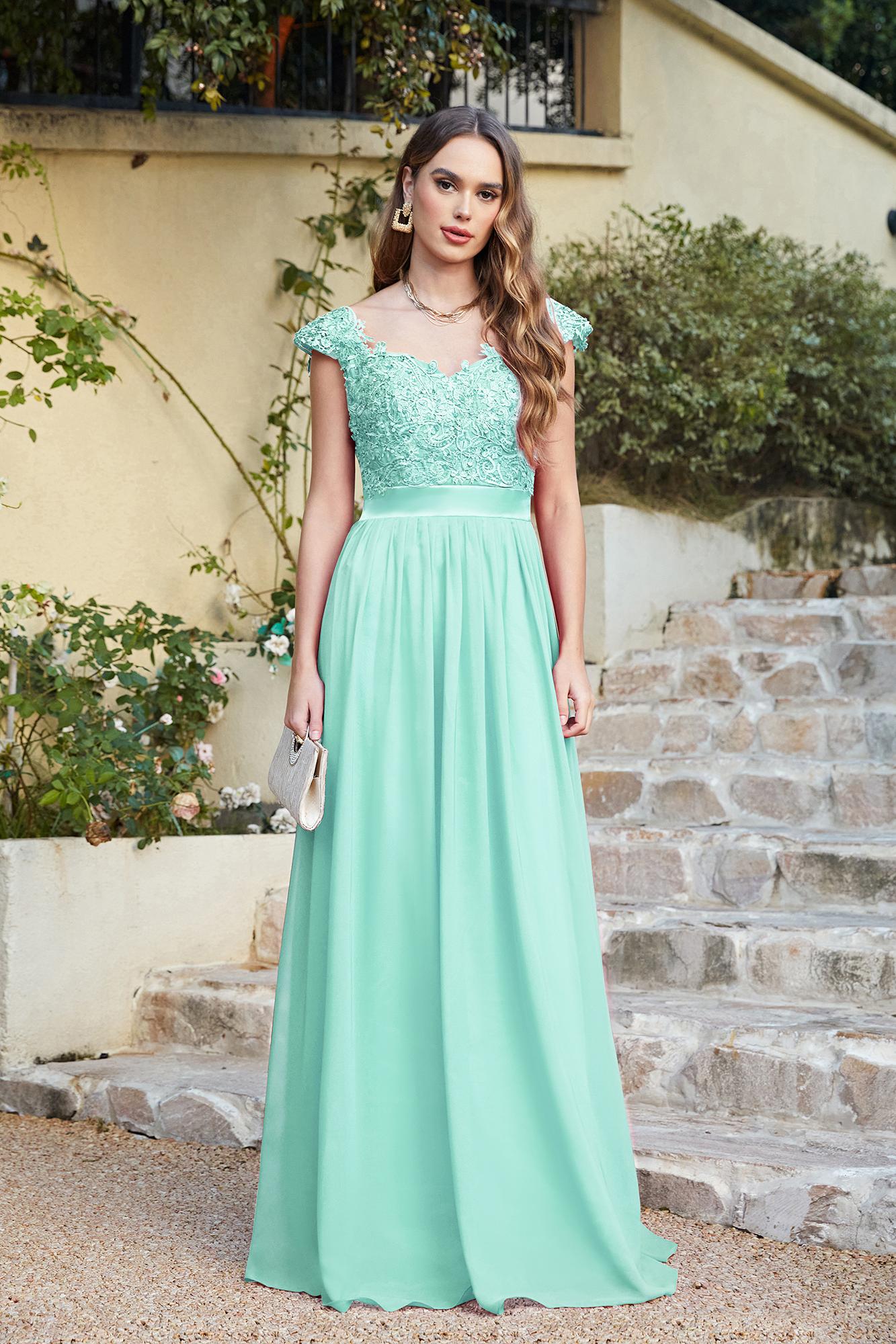Chic Cap Sleeves Floral Lace Aline Long Evening Dresses Beadings Floor Length Chiffon Bridesmaid Dresses-newarrivaldress