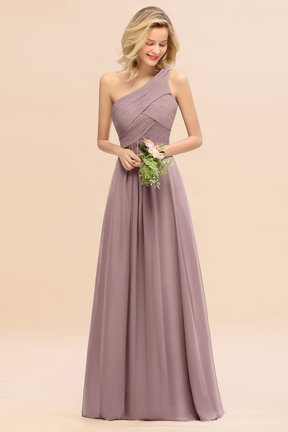 Elegant Ruched Chiffon One Shoulder Bridesmaid Dress Long Sleeveless Evening Dress-newarrivaldress