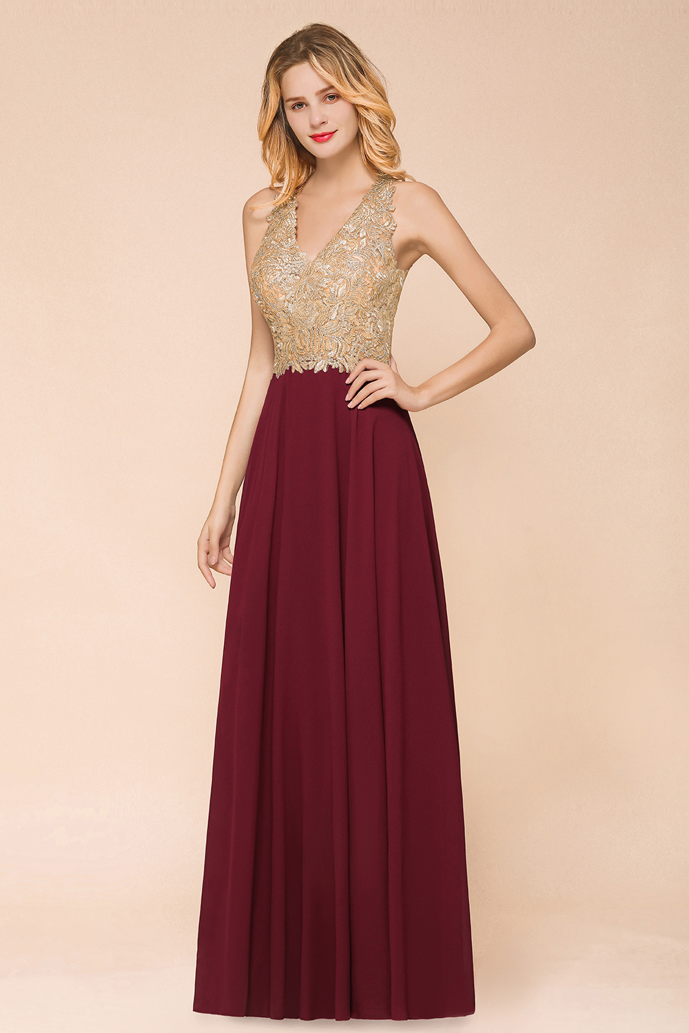 Elegant Aline Chiffon Long Evening Dress Sleeveless Gold Appliques Wedding Party Dress-newarrivaldress