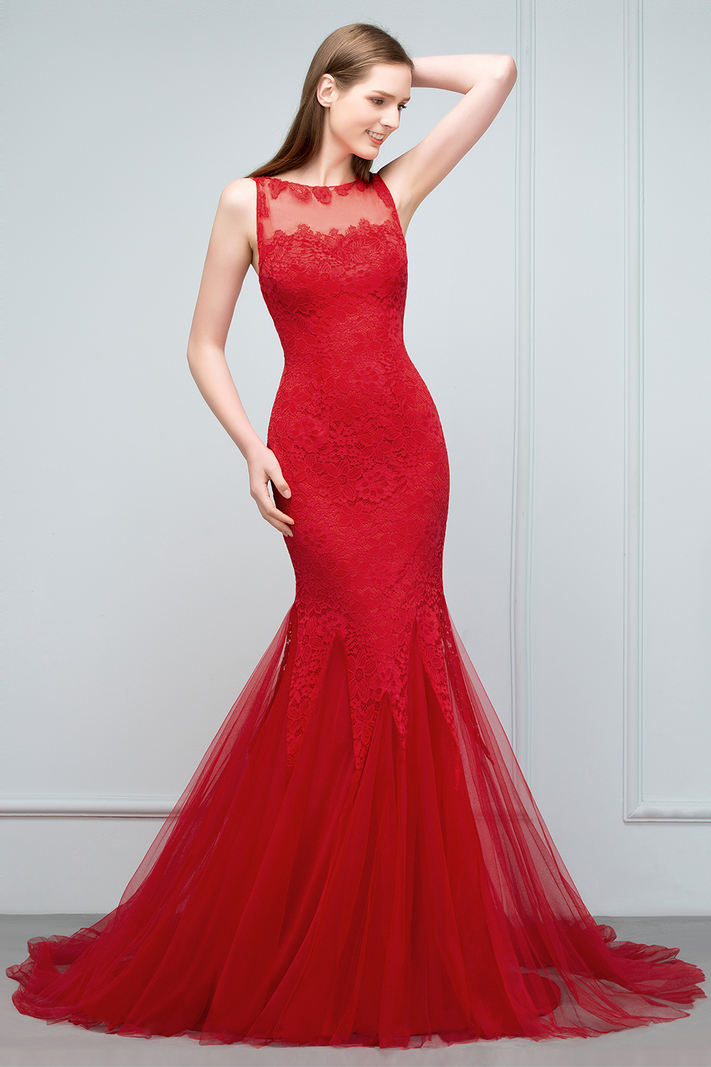 VANESSA | Mermaid Floor Length Illusion Neckline Sleeveless Tulle Lace Prom Dresses-newarrivaldress