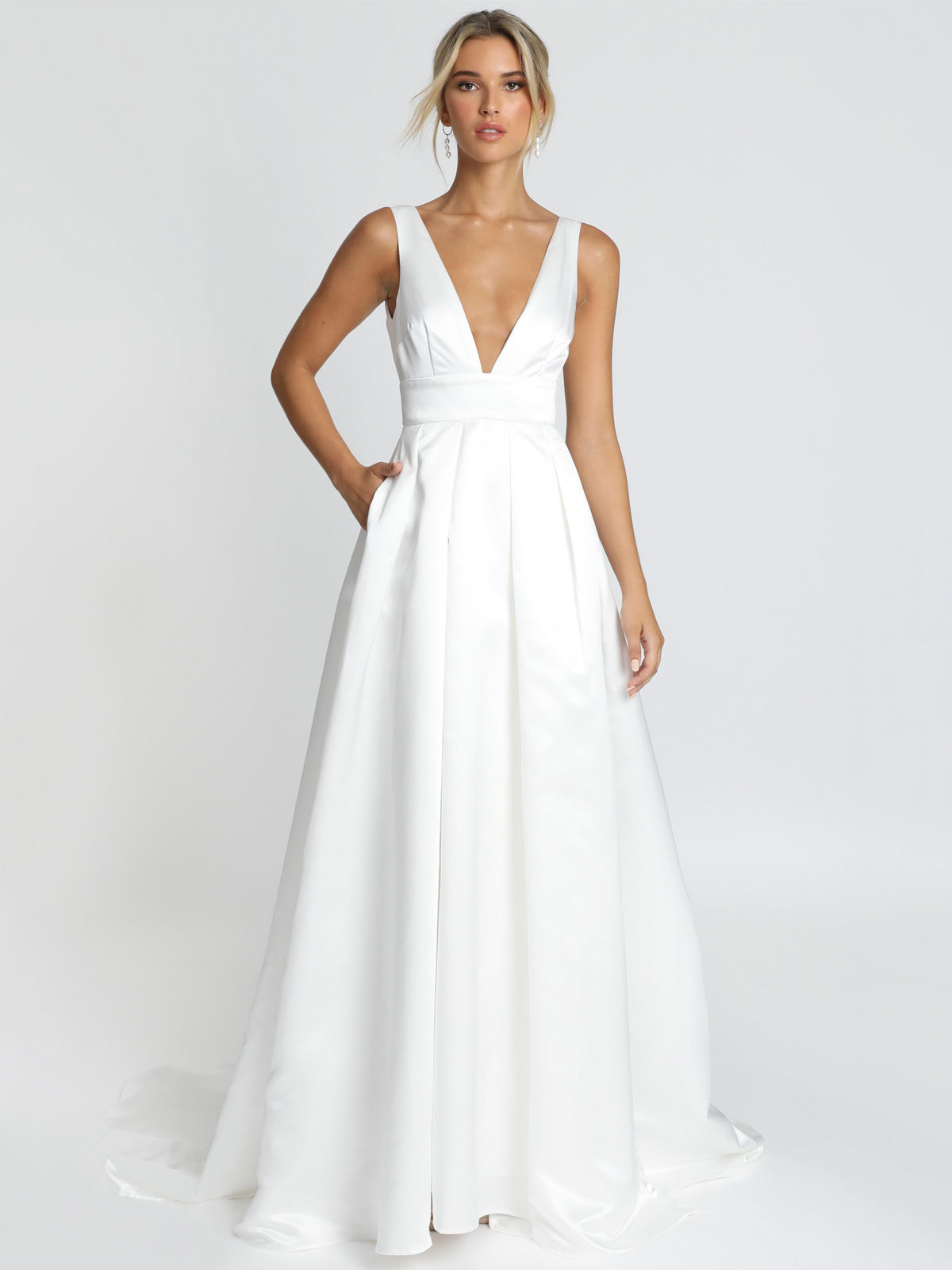White Simple Wedding Dress Satin Fabric V-Neck Sleeveless Backless A-Line Bridal Dresses-newarrivaldress