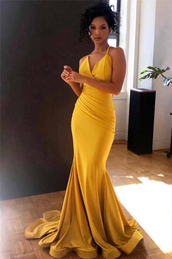 Yellow Spaghetti-Straps V-Neck Ruffle Sexy Mermaid Evening Gown-newarrivaldress