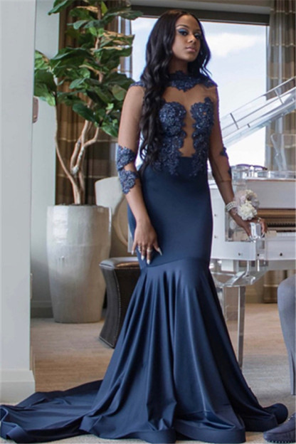 Elegant Mermaid Appliques 3/4 Sleeves Long Prom Dress-newarrivaldress