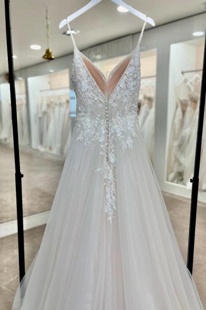 Spaghetti Straps Aline Wedding Dress Tulle Lace Appliques Bridal Dress-newarrivaldress