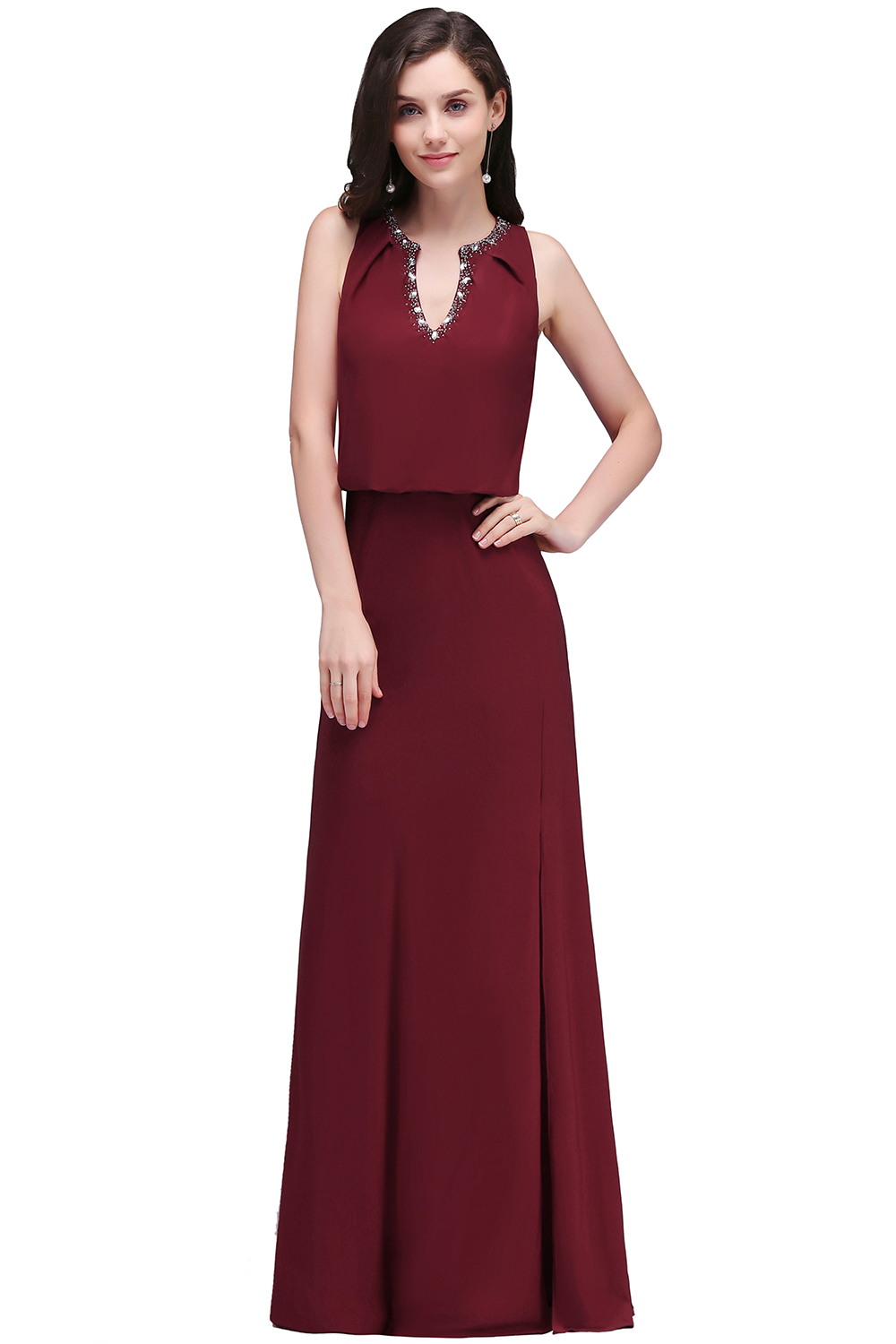 EDITH | A-line V-neck Floor-length Sleeveless Burgundy Prom Dresses with Crystal-newarrivaldress