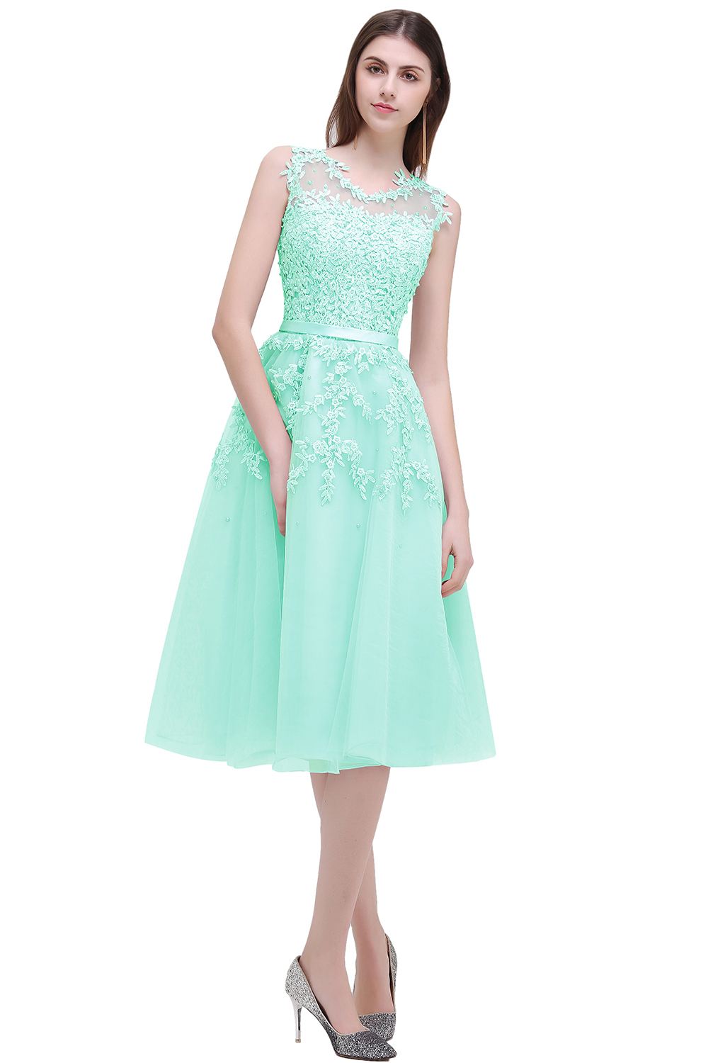 Tea-Length A-line Sheer-Neck Amazing Lace-Appliques Beaded Party Dresses-newarrivaldress