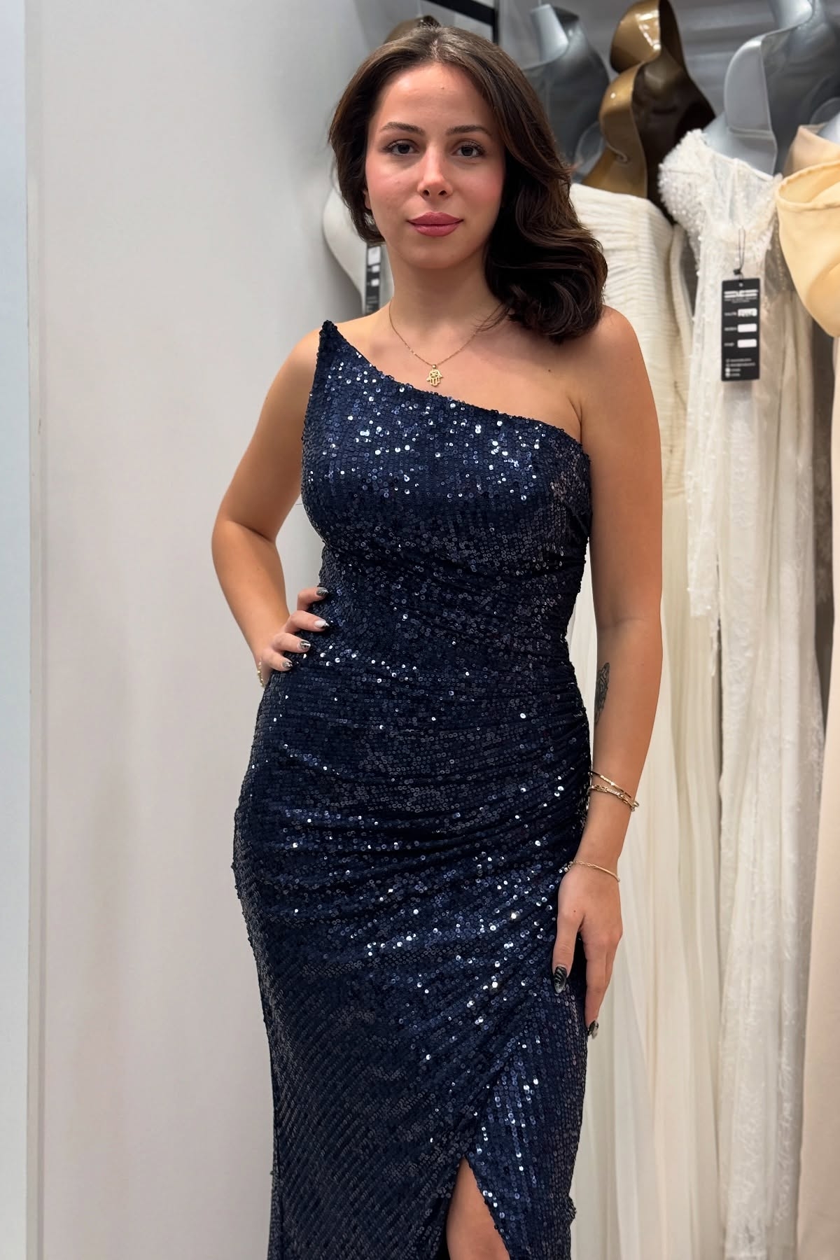 One Shoulder Sequins Sheath Prom Dress Side Split Floor Length Party Wear Dress-newarrivaldress