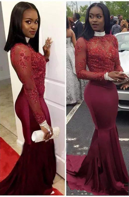 Burgundy Long-Sleeve Mermaid Prom Dress |Lace Formal Dress-newarrivaldress
