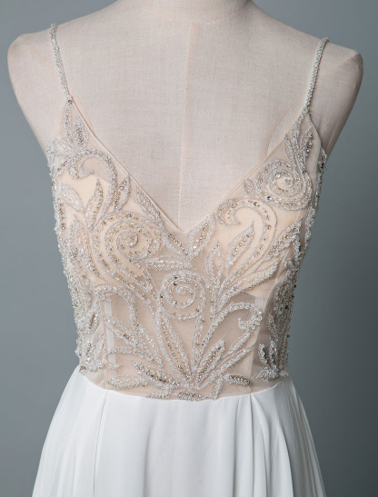 Simple Wedding Dress A Line V Neck Sleeveless Embroidered Chiffon Bridal Dresses With Train-newarrivaldress
