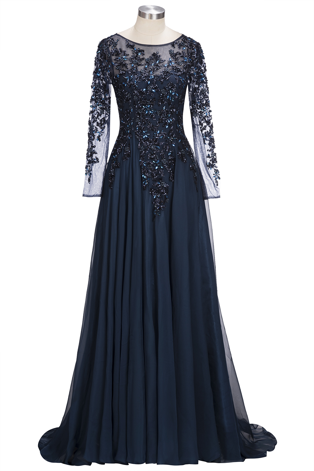 Dark Navy A-line Floor Length Long Sleeve Beads Appliques Elegant Evening Dresses-newarrivaldress