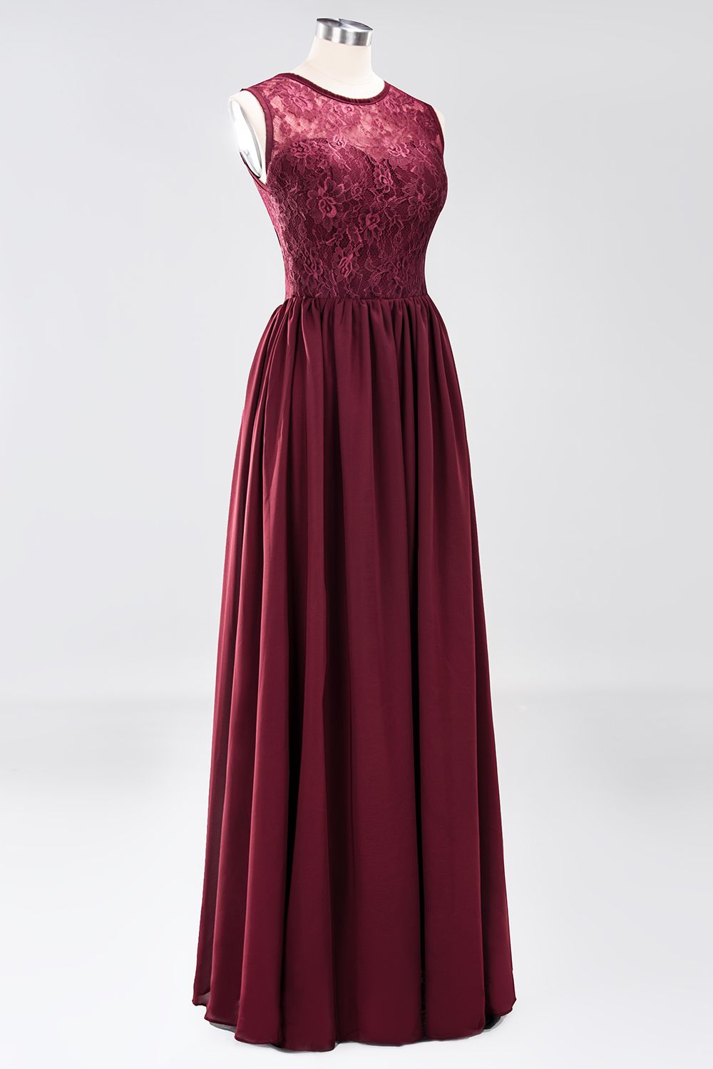 A-line Chiffon Lace Jewel Sleeveless Ruffles Floor-Length Bridesmaid Dresses with Appliques-newarrivaldress