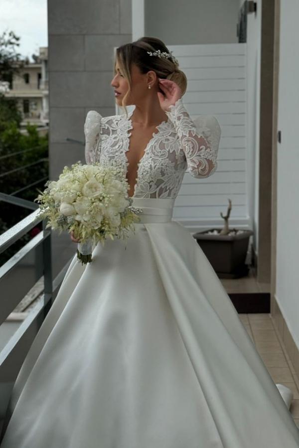 Stylish Floral Lace Aline Wedding Dress Long Sleeves V-Neck Satin Bridal Dress-newarrivaldress